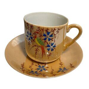 Lusterware Tea Cup & Saucer Japan Hand Painted Parrot Bird Blue Floral Orange
